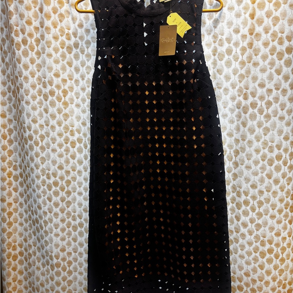 Maeve Midnight Navy Laser-Cut Midi Sheath Dress with Peach Slip